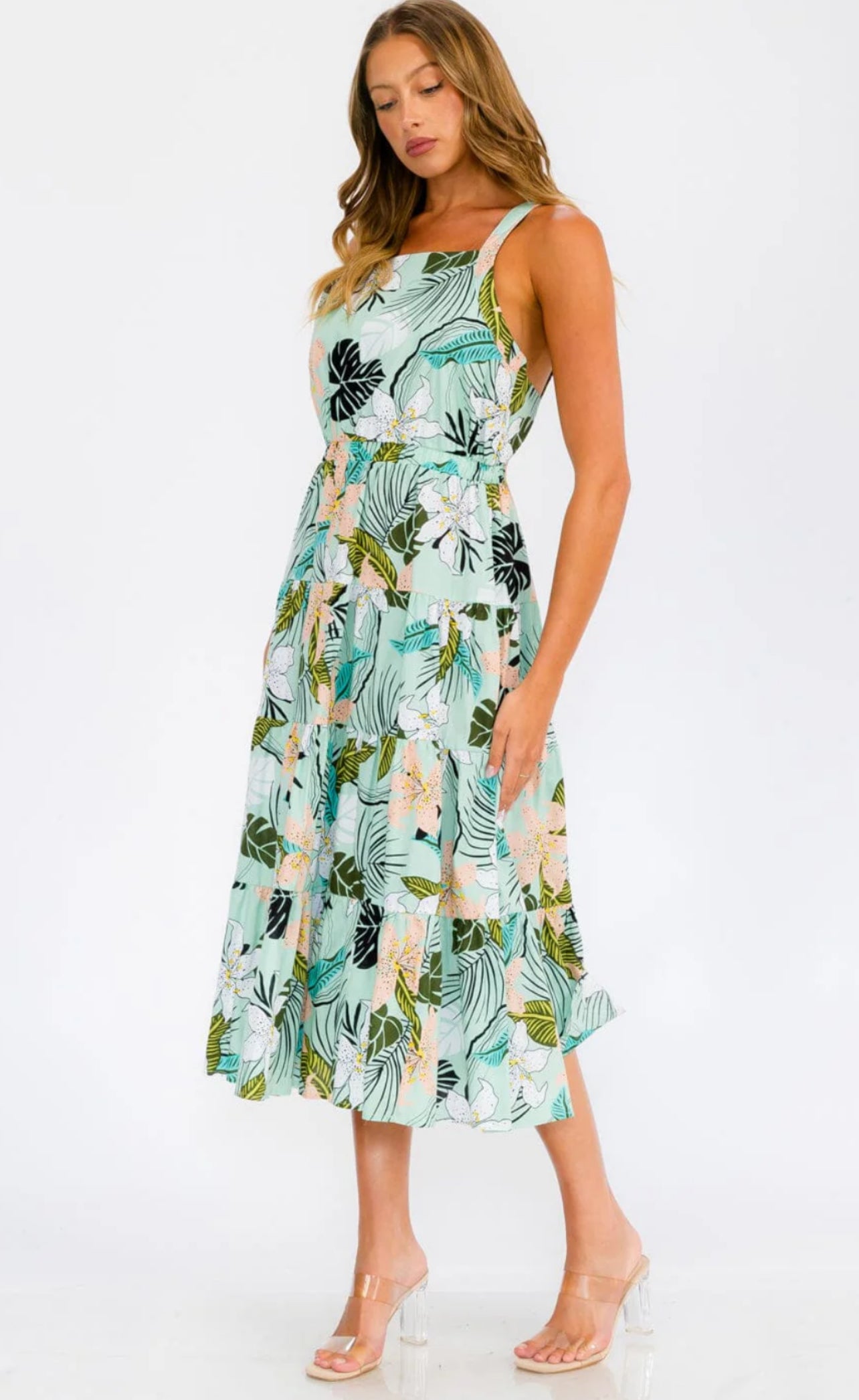 BACKLESS WOMEN’S SUMMER GREEN FLORAL DRESS