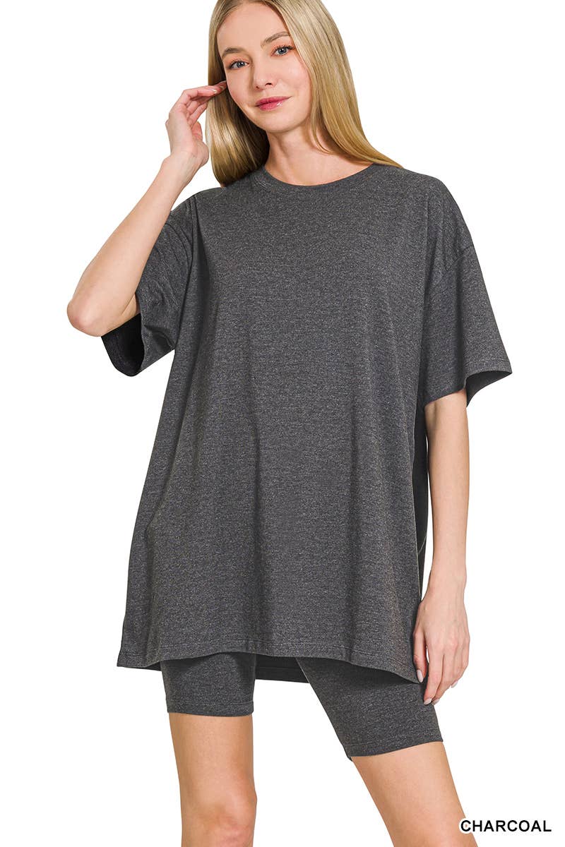 .SI-26018 Cotton Round Neck Top & Biker Shorts 2 Pc Set: LT NAVY-177911 / XL