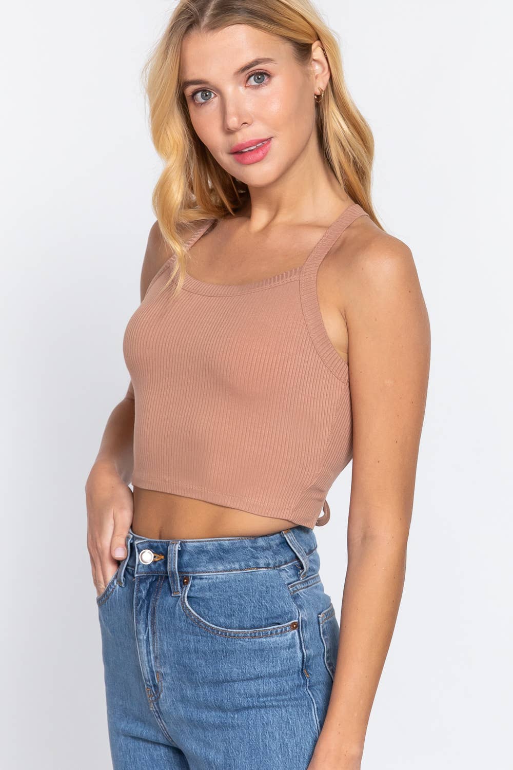 ,....SI-24486 FITTED OPEN CROSS BACK STRAPPY CAMI TOP: BLK-black-153742 / S