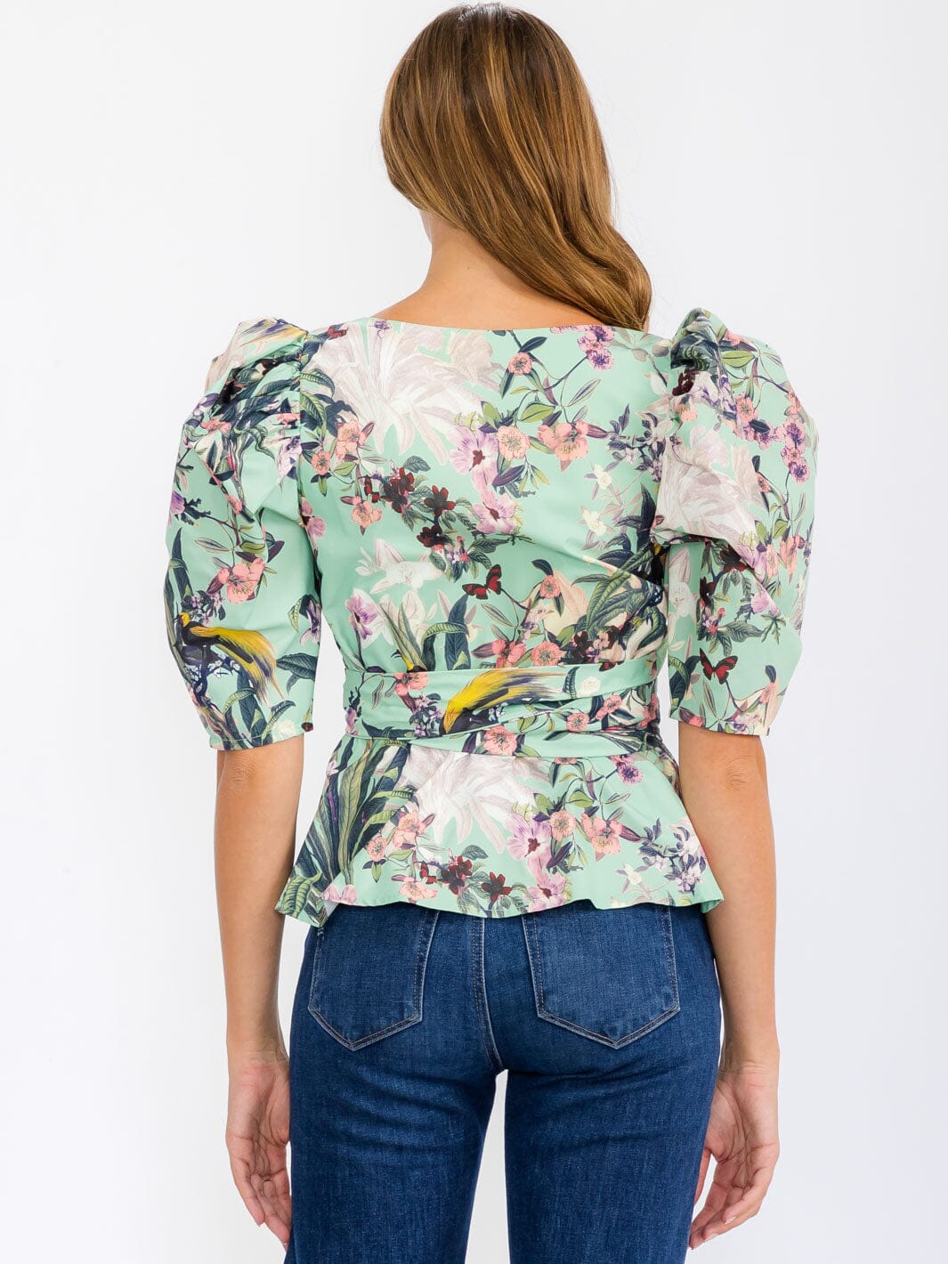 WOMEN’S MINT FLORAL SHORT PUFF SLEEVE WRAP BLOUSE
