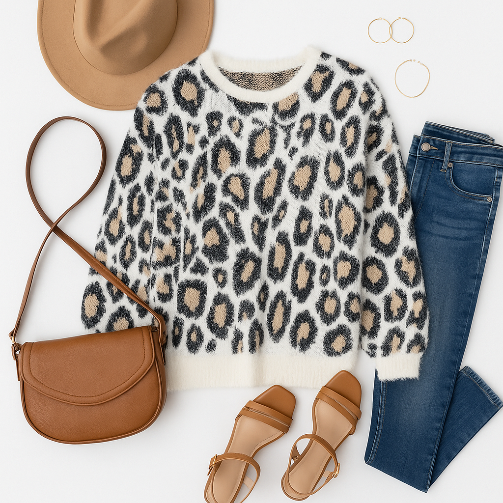 WOMEN'S LONG SLEEVE ANIMAL PRINT PULLOVER SWEATER (IVORY)