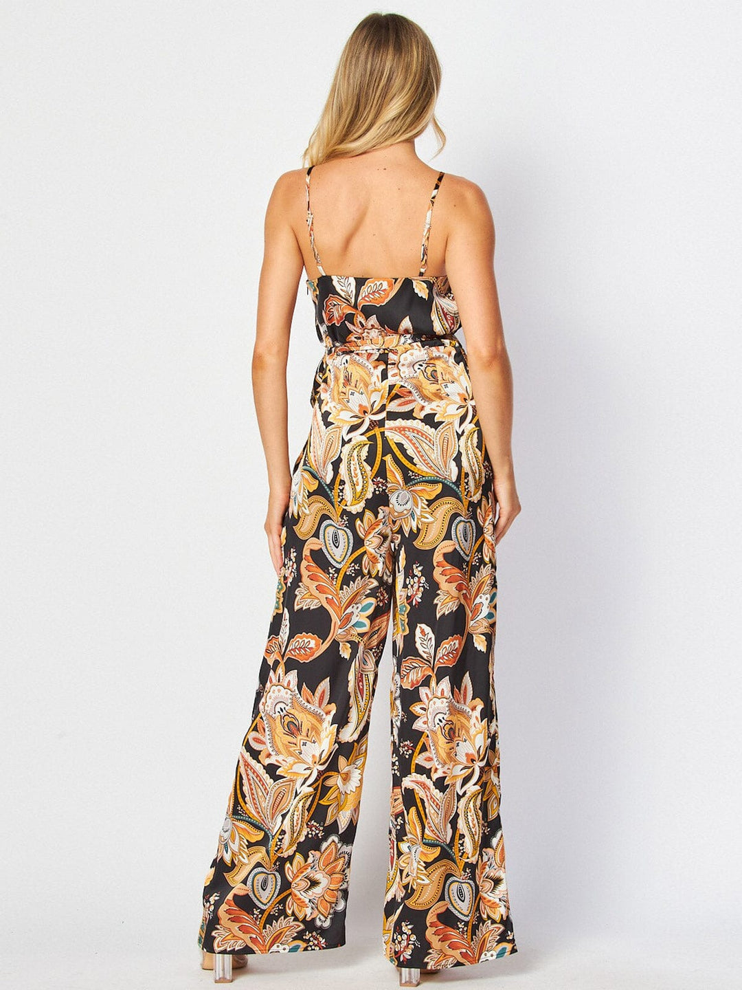 Women Sleeveless Black Floral Wide Leg Jumpsuit