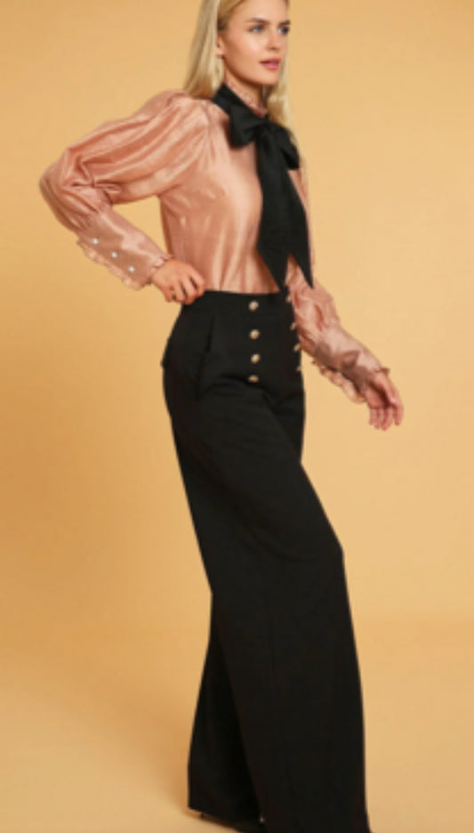 WOMEN'S ZIP UP FRONT POCKETS BUTTONS DETAILED WIDE LEG PANTS