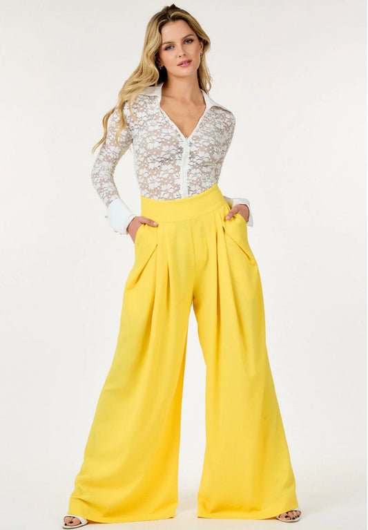 WOMEN'S YELLOW ZIP UP FRONT POCKETS  DETAILED WIDE LEG PANTS
