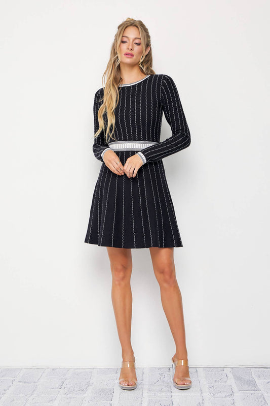 Ella Stripe Women’s Knit Long Sleeve Mini Dress: BLACK/WHITE