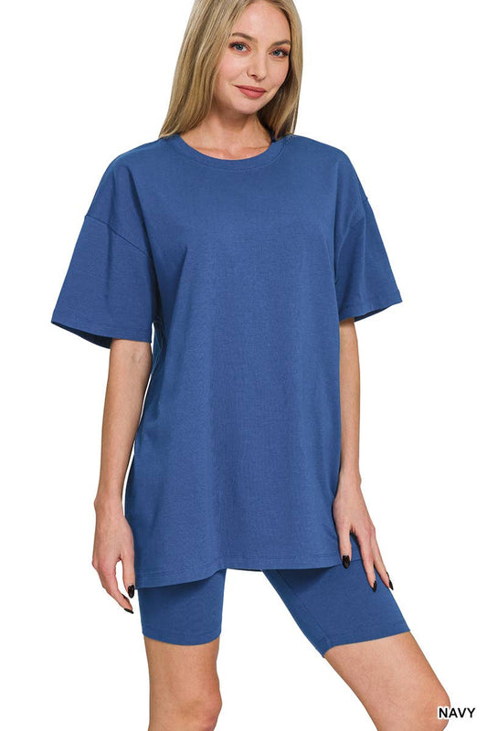 .SI-26018 Cotton Round Neck Top & Biker Shorts 2 Pc Set: LT NAVY-177911 / S
