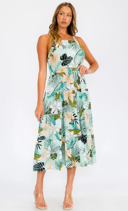 BACKLESS WOMEN’S SUMMER GREEN FLORAL DRESS