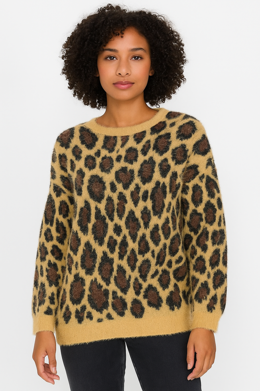 WOMEN'S LONG SLEEVE ANIMAL PRINT PULLOVER SWEATER