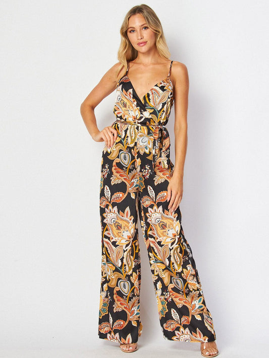 Women Sleeveless  Black Floral Wide Leg Jumpsuit