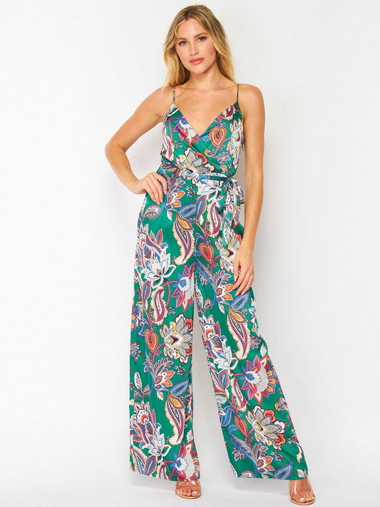 Women Sleeveless Green Floral Wide Leg Jumpsuit