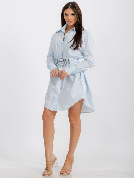 WOMEN"S ICE BLUE LONG SLEEVE BUTTON UP FRONT BELT TUNIC MINI DRESS