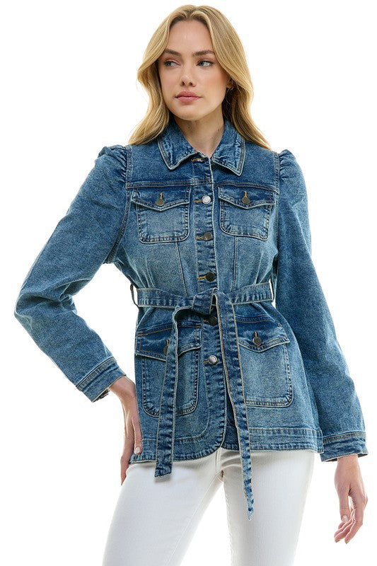 STRETCH SOLID LADIES CASUAL DENIM JACKET WITH BELT