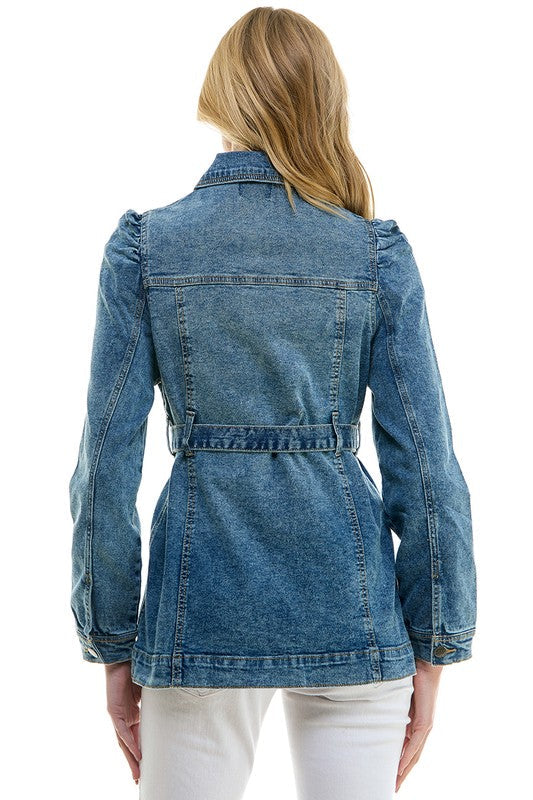 STRETCH SOLID LADIES CASUAL DENIM JACKET WITH BELT