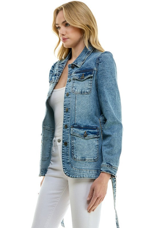 STRETCH SOLID LADIES CASUAL DENIM JACKET WITH BELT