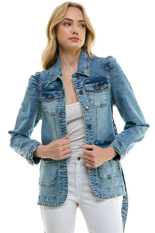 STRETCH SOLID LADIES CASUAL DENIM JACKET WITH BELT